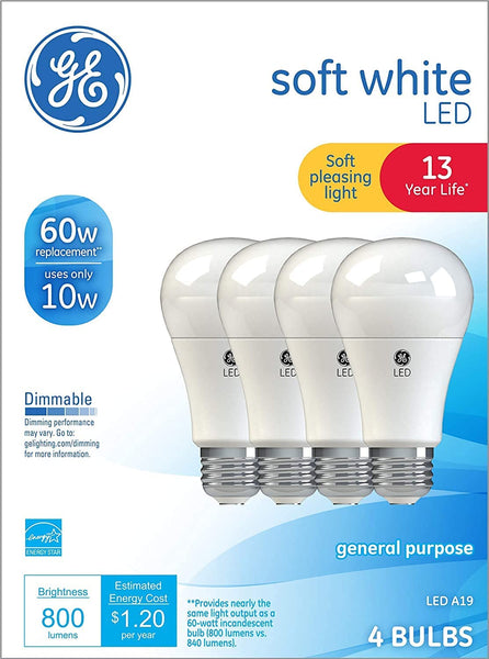 4 Pack GE LED 60W = 10W Soft White 60 Watt Equivalent A19 2700K Light Bulb